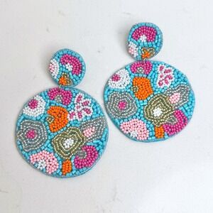 Statement Beaded Dangle Drop Earrings Colorful Round Floral Handmade